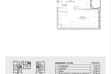 Rzut - Mieszkanie na sprzedaż 2 pokoje o powierzchni 47,5 m² - numer 1.01.E06 w Ogrody Andersa III