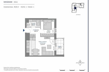 Rzut - Mieszkanie na sprzedaż 2 pokoje o powierzchni 39,83 m² - numer E.3.1 w Nowa Dąbrowa bud. DE