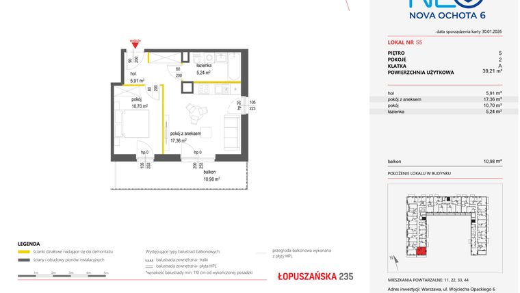 Rzut - Mieszkanie na sprzedaż 2 pokoje o powierzchni 39,21 m² - numer 55 w Neo Nova Ochota 6