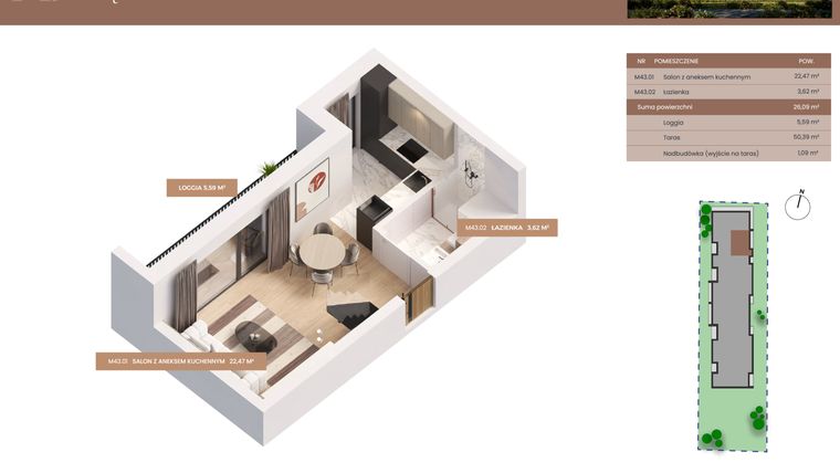 Rzut - Mieszkanie na sprzedaż 1 pokój o powierzchni 26,09 m² - numer 43 w Apartamenty Częstochowska