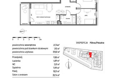 Rzut - Mieszkanie na sprzedaż 3 pokoje o powierzchni 61,74 m² - numer 1.2.1. w Dywizjonu 303