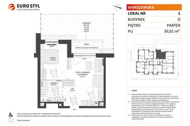 Rzut - Mieszkanie na sprzedaż 2 pokoje o powierzchni 39,01 m² - numer D.1 w Osiedle Warszawska etap II