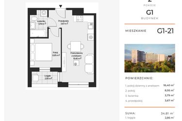 Rzut - Mieszkanie na sprzedaż 2 pokoje o powierzchni 34,81 m² - numer G1-21 w Piasta Park VI