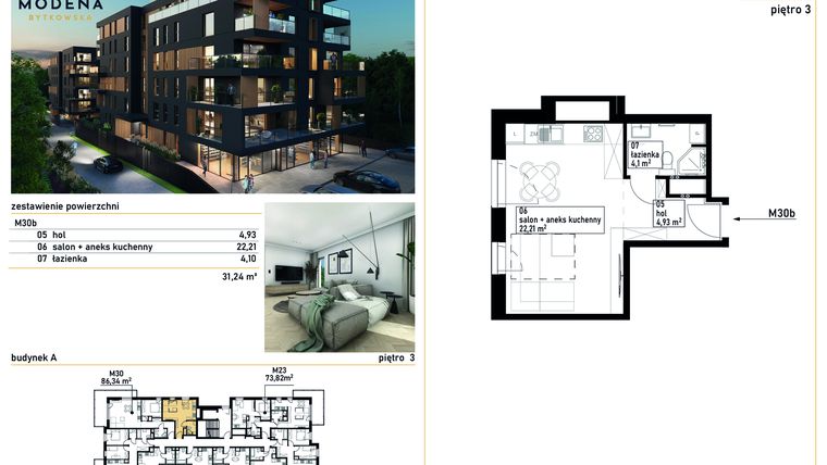 Rzut - Mieszkanie na sprzedaż 1 pokój o powierzchni 31,24 m² - numer M30b w Modena Bytkowska 113