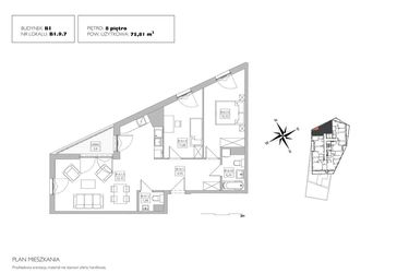 Rzut - Mieszkanie na sprzedaż 3 pokoje o powierzchni 75,1 m² - numer B1.9.7 w Alvarium 2.0