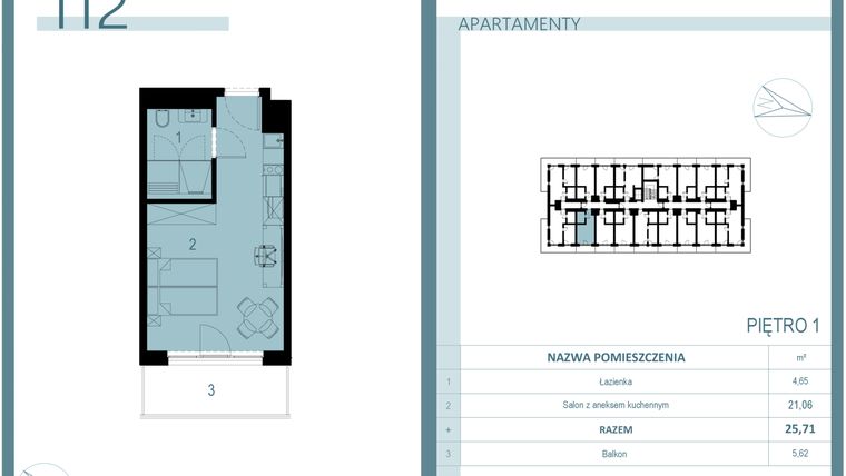 Rzut - Mieszkanie na sprzedaż 1 pokój o powierzchni 25,71 m² - numer 112 w Linea Mare Mrzeżyno