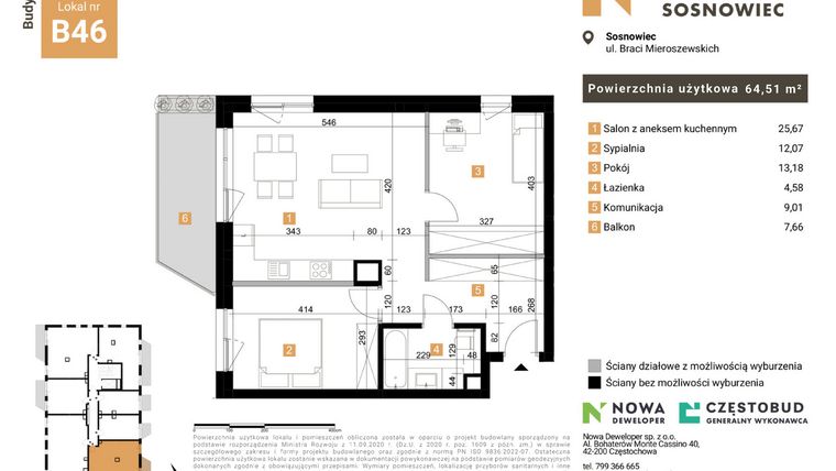 Rzut - Mieszkanie na sprzedaż 3 pokoje o powierzchni 64,51 m² - numer 46 w Nowy Sosnowiec
