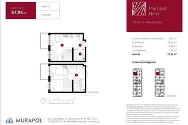 Rzut - Mieszkanie na sprzedaż 1 pokój o powierzchni 57,95 m² - numer 1.A.2.12 w Murapol Helio bud. 1 i 4