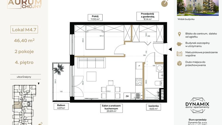 Rzut - Mieszkanie na sprzedaż 2 pokoje o powierzchni 46,4 m² - numer 4.07 w Aurum Chojny