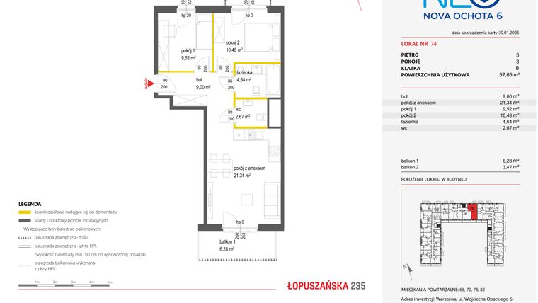 Rzut - Mieszkanie na sprzedaż 3 pokoje o powierzchni 57,65 m² - numer 74 w Neo Nova Ochota 6
