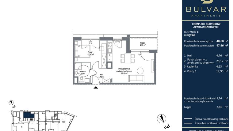 Rzut - Mieszkanie na sprzedaż 2 pokoje o powierzchni 47,46 m² - numer C.3.05 w Bulvar Apartments - etap II