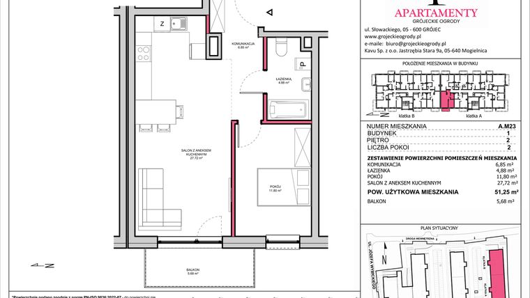 Rzut - Mieszkanie na sprzedaż 2 pokoje o powierzchni 51,25 m² - numer A.23 w Apartamenty Grójeckie Ogrody