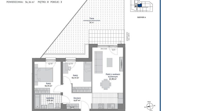 Rzut - Mieszkanie na sprzedaż 3 pokoje o powierzchni 56,36 m² - numer A.0.5 w Linea bud. A