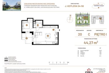 Rzut - Mieszkanie na sprzedaż 2 pokoje o powierzchni 44,27 m² - numer JAR-III-C-LM-M20 w Osiedle JAR Heweliusza etap III