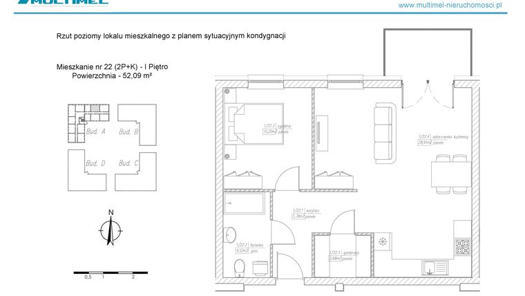 Rzut - Mieszkanie na sprzedaż 2 pokoje o powierzchni 52,09 m² - numer 22A w Dominów Rynek