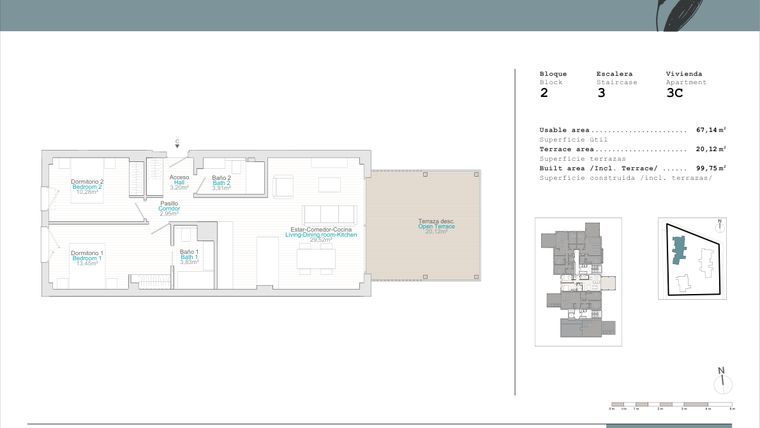 Rzut - Mieszkanie na sprzedaż 2 pokoje o powierzchni 67,14 m² - numer B2-3C w Talasa Celeus y Terra by Quadratia