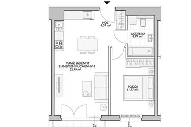 Rzut - Mieszkanie na sprzedaż 2 pokoje o powierzchni 44,58 m² - numer WO/P33/32 w Wiszące Ogrody