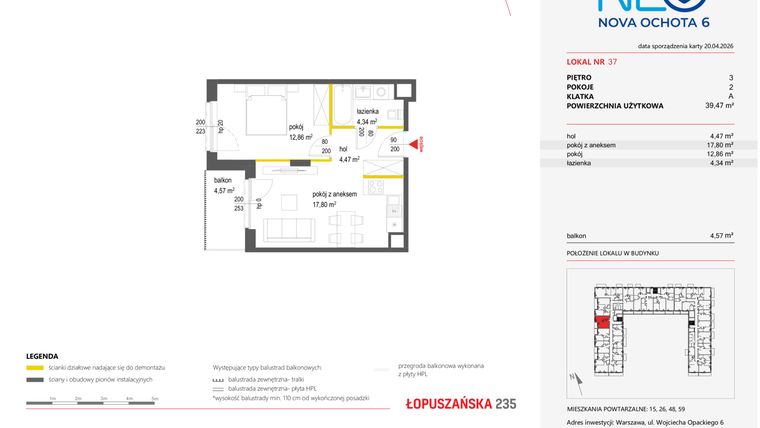 Rzut - Mieszkanie na sprzedaż 2 pokoje o powierzchni 39,47 m² - numer 37 w Neo Nova Ochota 6