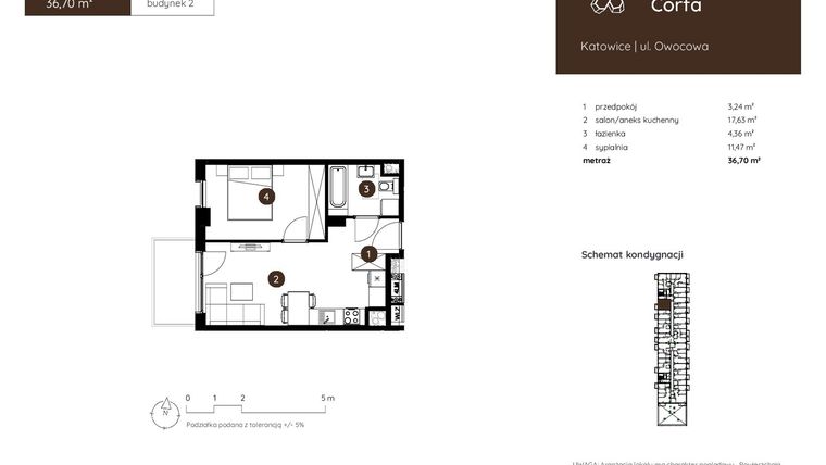 Rzut - Mieszkanie na sprzedaż 2 pokoje o powierzchni 36,7 m² - numer 2.A.5.11 w Murapol Corfa