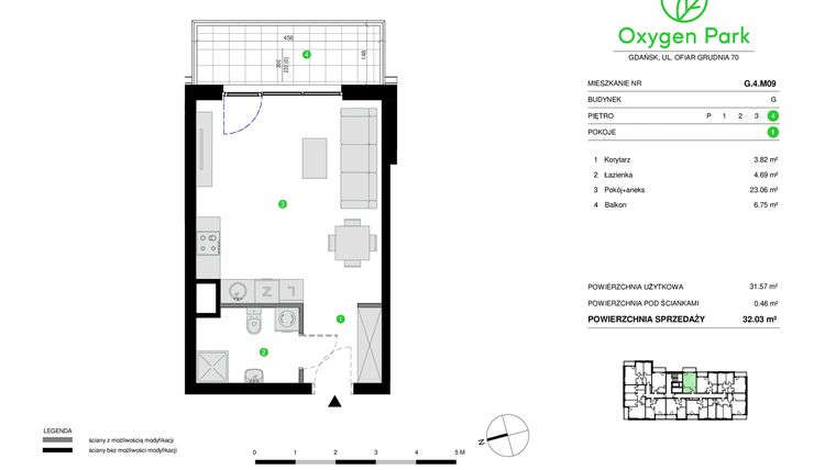 Rzut - Mieszkanie na sprzedaż 1 pokój o powierzchni 32,03 m² - numer G.4.M09 w Oxygen Park etap III