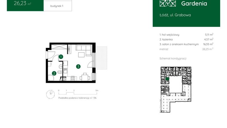 Rzut - Mieszkanie na sprzedaż 1 pokój o powierzchni 26,23 m² - numer 1.D.0.01 w Murapol Gardenia