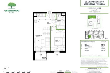 Rzut - Mieszkanie na sprzedaż 2 pokoje o powierzchni 40,4 m² - numer B 38 w Greenwood Park