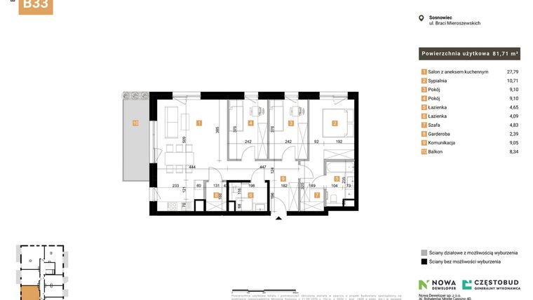 Rzut - Mieszkanie na sprzedaż 4 pokoje o powierzchni 81,71 m² - numer 33 w Nowy Sosnowiec