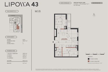 Rzut - Mieszkanie na sprzedaż 3 pokoje o powierzchni 55,37 m² - numer M.1.6 w Lipowa 43
