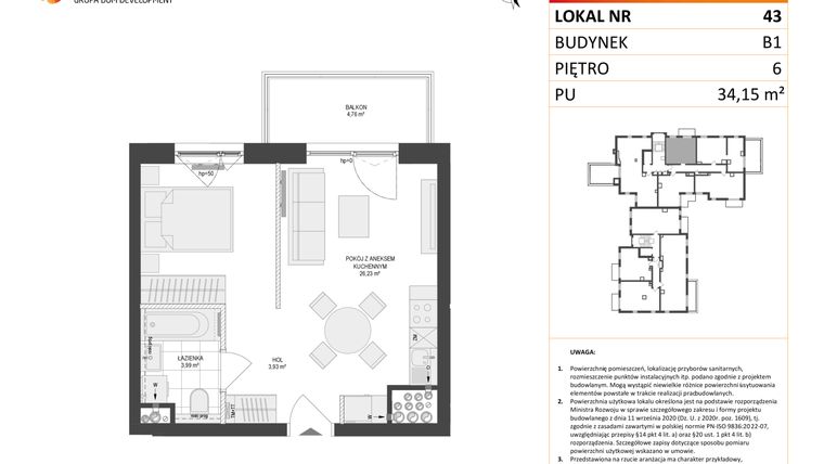 Rzut - Mieszkanie na sprzedaż 1 pokój o powierzchni 34,15 m² - numer 43 w Locus 2