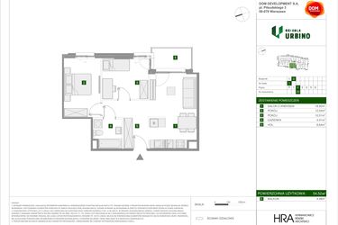 Rzut - Mieszkanie na sprzedaż 3 pokoje o powierzchni 54,52 m² - numer 2.2.D.20 w Osiedle Urbino etap II