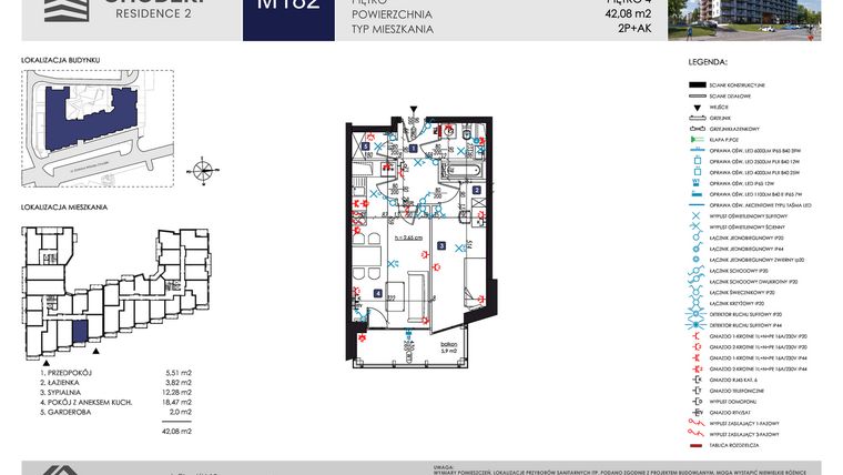 Rzut - Mieszkanie na sprzedaż 2 pokoje o powierzchni 42,08 m² - numer M182 w Chodźki Residence 2