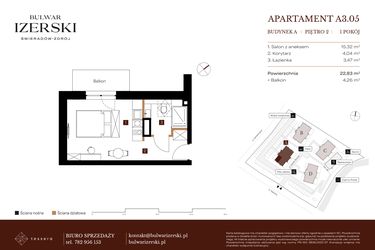 Rzut - Mieszkanie na sprzedaż 1 pokój o powierzchni 22,83 m² - numer A3.05 w Bulwar Izerski