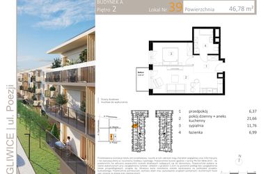 Rzut - Mieszkanie na sprzedaż 2 pokoje o powierzchni 46,67 m² - numer A.39 w Poezji