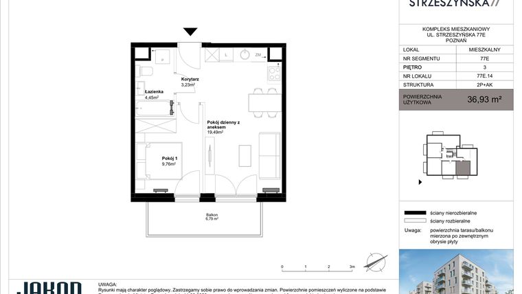 Rzut - Mieszkanie na sprzedaż 2 pokoje o powierzchni 36,93 m² - numer 77E.14 w Strzeszyńska 77