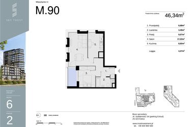 Rzut - Mieszkanie na sprzedaż 2 pokoje o powierzchni 46,34 m² - numer M90 w Sky Trust etap II