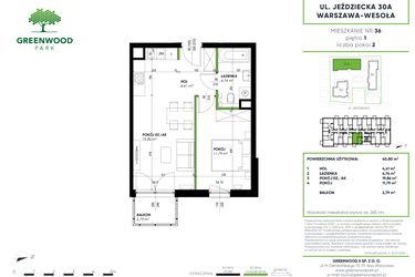 Rzut - Mieszkanie na sprzedaż 2 pokoje o powierzchni 40,8 m² - numer B 36 w Greenwood Park