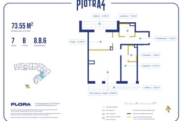 Rzut - Mieszkanie na sprzedaż 3 pokoje o powierzchni 73,55 m² - numer 8.B.6 w Piotra 4