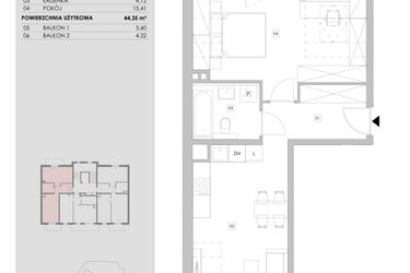 Rzut - Mieszkanie na sprzedaż 2 pokoje o powierzchni 44,35 m² - numer 96.3.12 w ATAL Bronowice