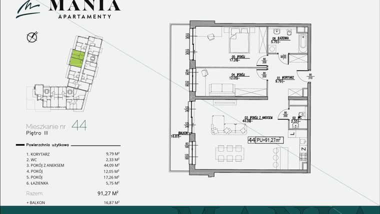 Rzut - Mieszkanie na sprzedaż 3 pokoje o powierzchni 91,27 m² - numer 44 w MANIA Apartamenty