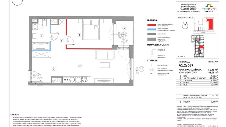Rzut - Mieszkanie na sprzedaż 2 pokoje o powierzchni 48,91 m² - numer A1.2/067 w Fabrica URSUS