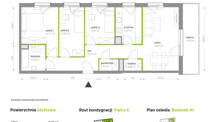 Rzut - Mieszkanie na sprzedaż 4 pokoje o powierzchni 80,17 m² - numer A1.6A35 w Bemowo Vita