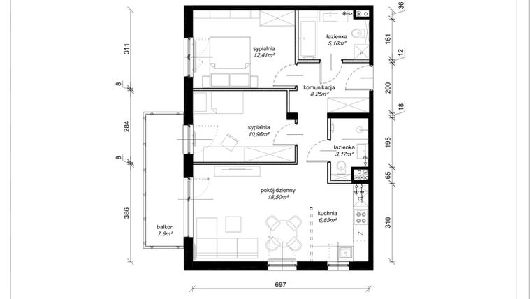 Rzut - Mieszkanie na sprzedaż 1 pokój o powierzchni 65,32 m² - numer F.3.34.3k w Art.Teo etap 3