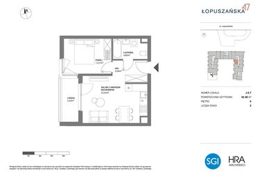Rzut - Mieszkanie na sprzedaż 2 pokoje o powierzchni 42,4 m² - numer J.5.7 w Łopuszańska 47 - etap 3