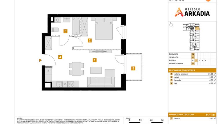 Rzut - Mieszkanie na sprzedaż 2 pokoje o powierzchni 41,11 m² - numer 15 w Osiedle Arkadia