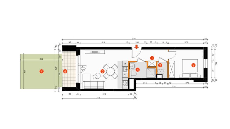 Rzut - Mieszkanie na sprzedaż 2 pokoje o powierzchni 44,13 m² - numer A.1.1 w Platanowy Park etap IV