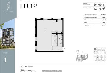 Rzut - Lokal użytkowy na sprzedaż 1 pokój o powierzchni 64 m² - numer LU12 w Sky Trust etap II