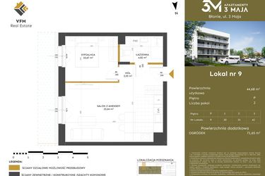 Rzut - Mieszkanie na sprzedaż 2 pokoje o powierzchni 44,68 m² - numer 9 w Apartamenty 3 Maja
