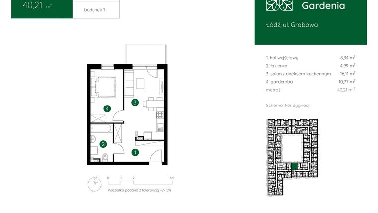 Rzut - Mieszkanie na sprzedaż 1 pokój o powierzchni 40,21 m² - numer 1.B.1.13 w Murapol Gardenia