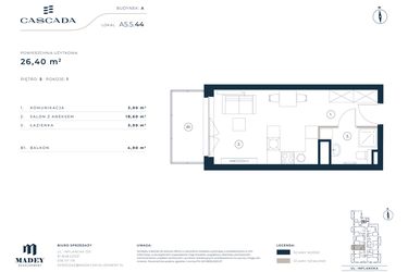 Rzut - Mieszkanie na sprzedaż 1 pokój o powierzchni 26,4 m² - numer A5.5.44 w Cascada