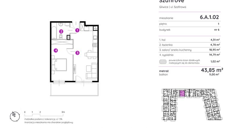 Rzut - Mieszkanie na sprzedaż 2 pokoje o powierzchni 43,85 m² - numer 6.A.1.02 w Murapol Osiedle Szafirove